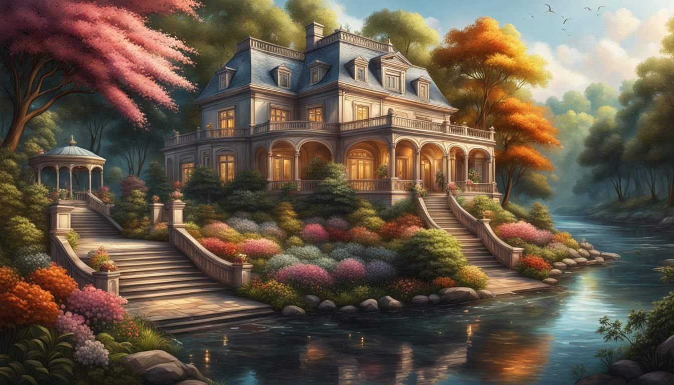 Luxury Mansion in Forest: Hyperrealistic Splash Art