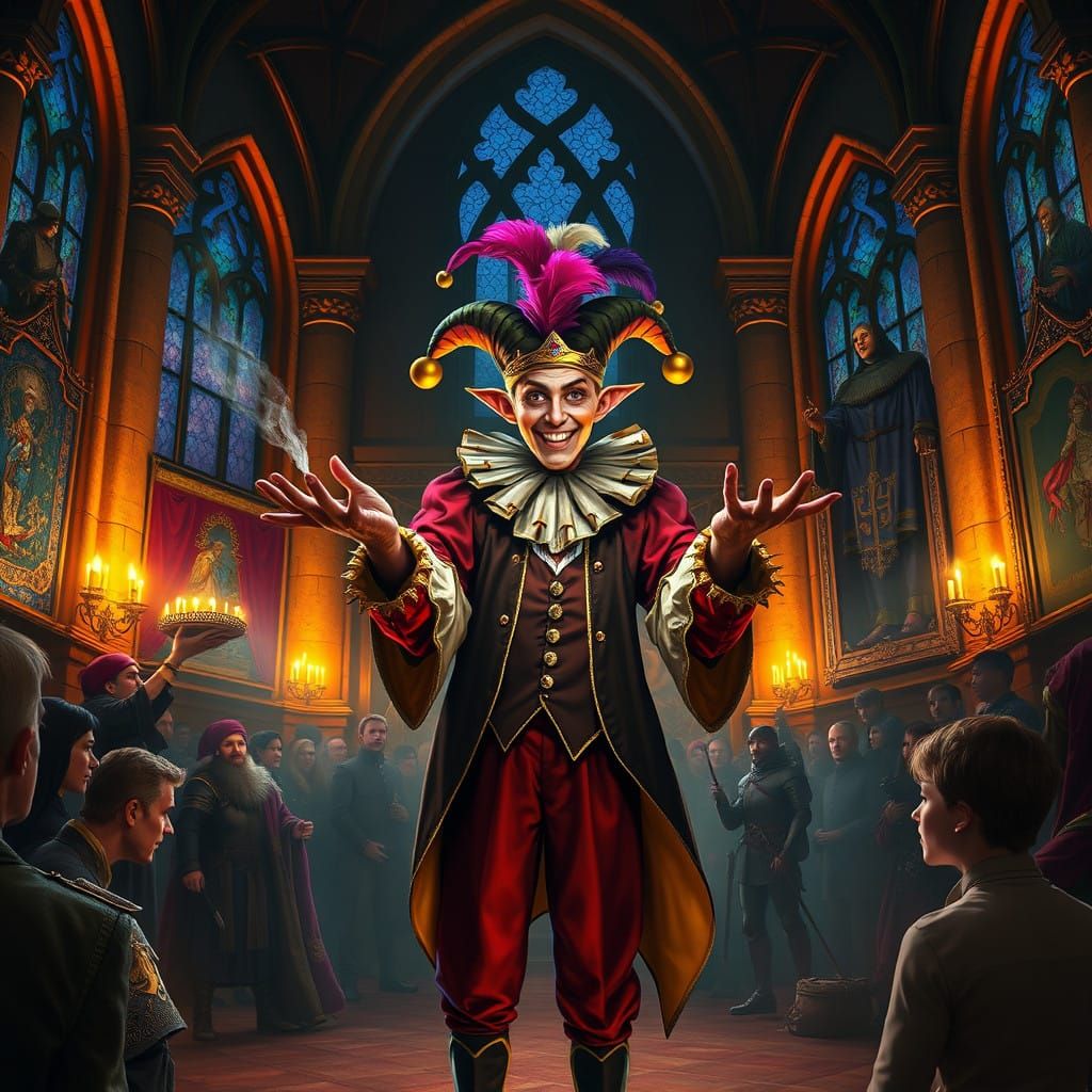 Regal Court Jester Enchants Medieval Castle Hall
