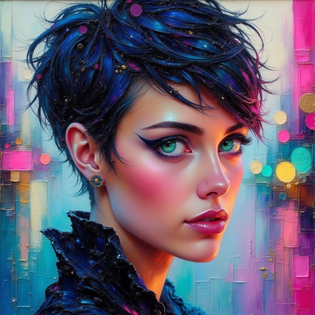 Neon Cityscape Oil Painting of a Beautiful Model