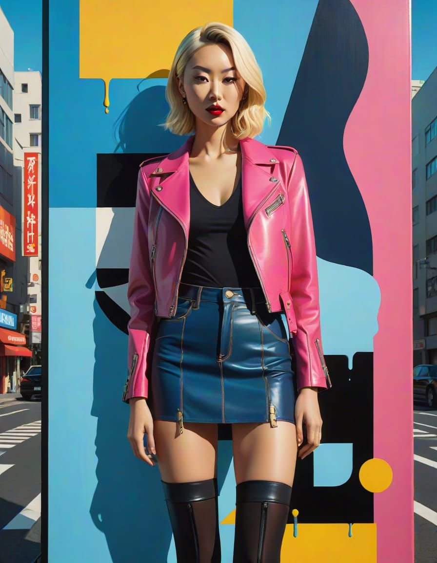 Tokyo Cityscape with Japanese Blonde Woman in Leather Jacket
