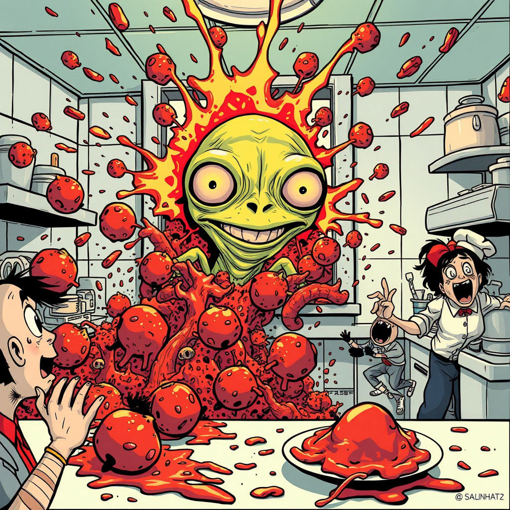 Meatball Explosion with Curious Alien in Cartoon Style