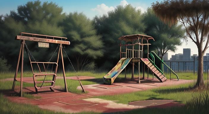 Abandoned Rusty Swing Park with Overgrown Grass