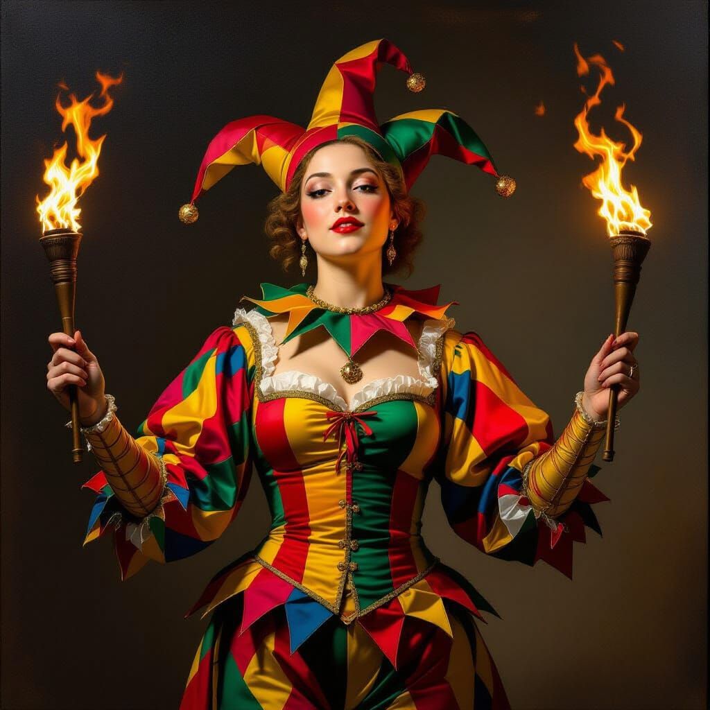 Michelangelo-Style Jester Woman Juggling Torches