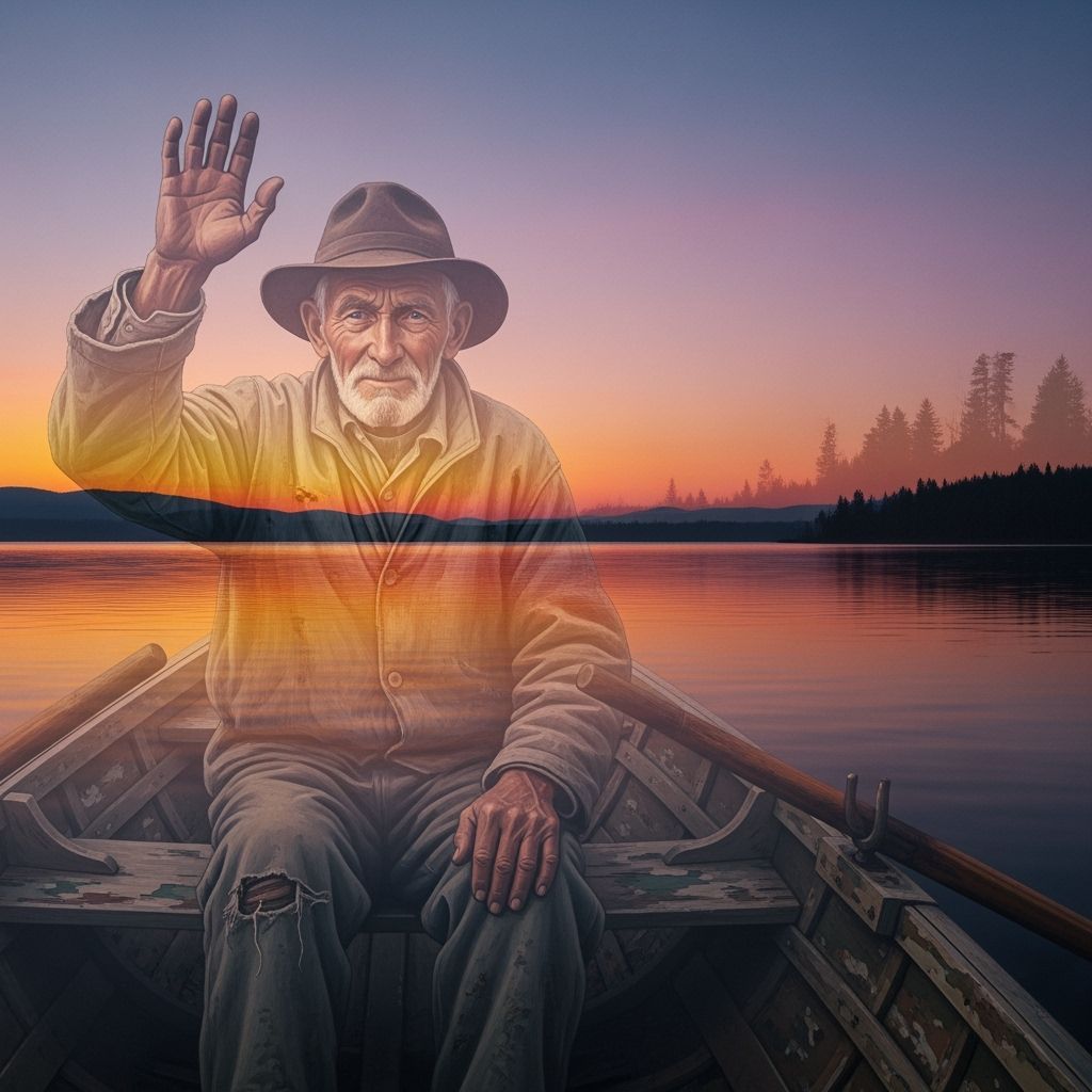 Man Waving from Rowboat at Sunset