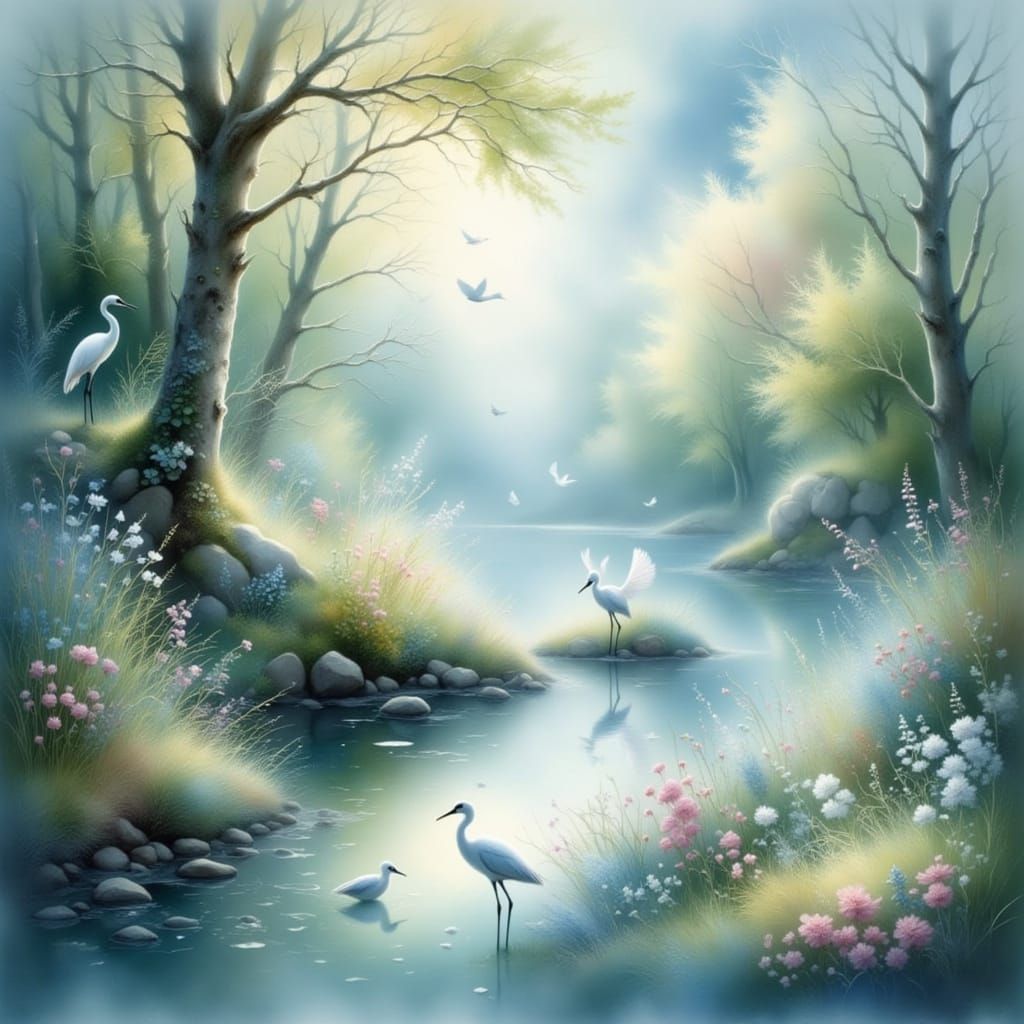 Whimsical Lake with Misty Atmosphere and Magical Dust