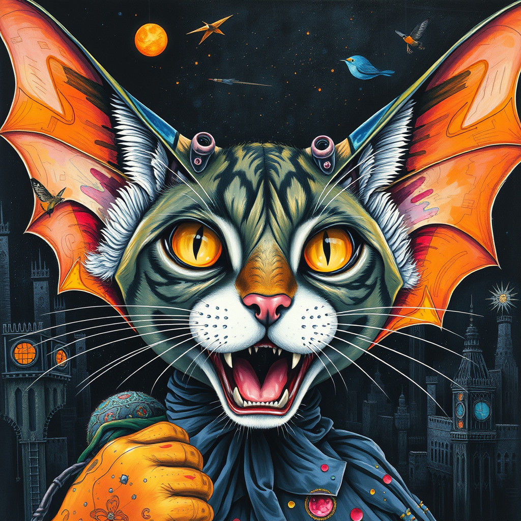 Surreal Bat-Cat Hybrid in Bauhaus Graffiti Style