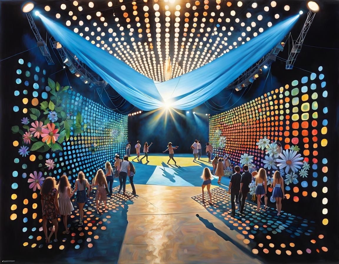 Woodstock Festival: Dancing Hippie Students in Photorealism