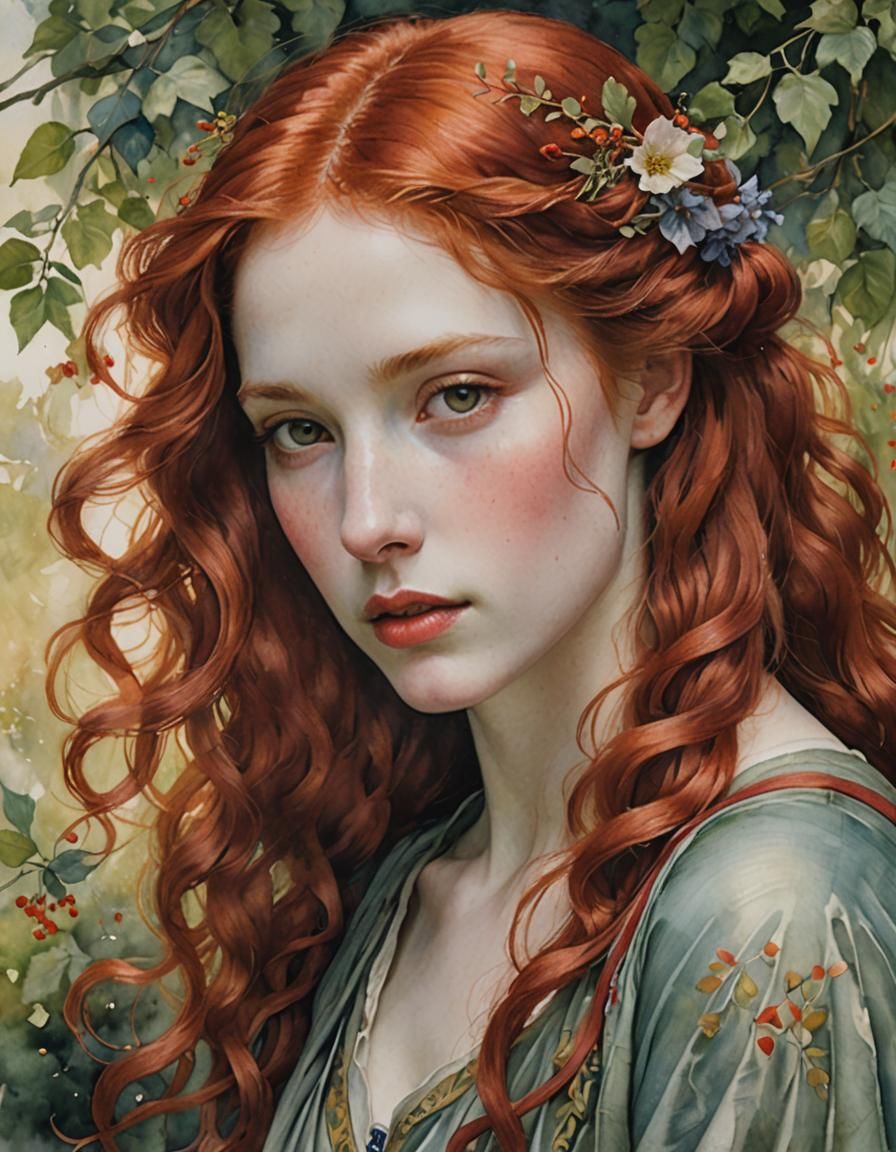 Ethereal Redhead in Pre-Raphaelite Watercolor