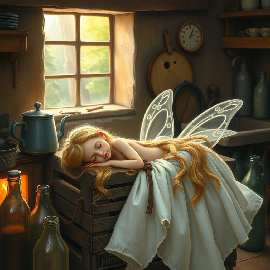 Fairy Asleep in Kitchen: Glossy Oil Painting