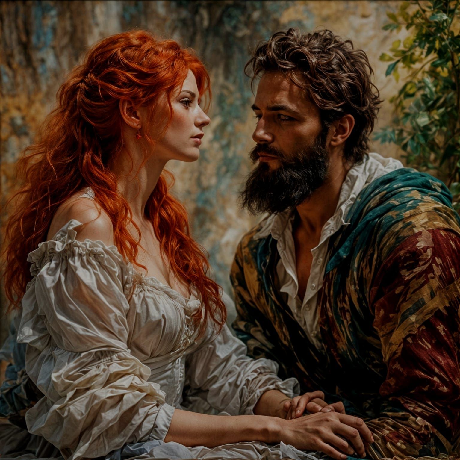 Woman with Red Hair Embraces Bearded Man