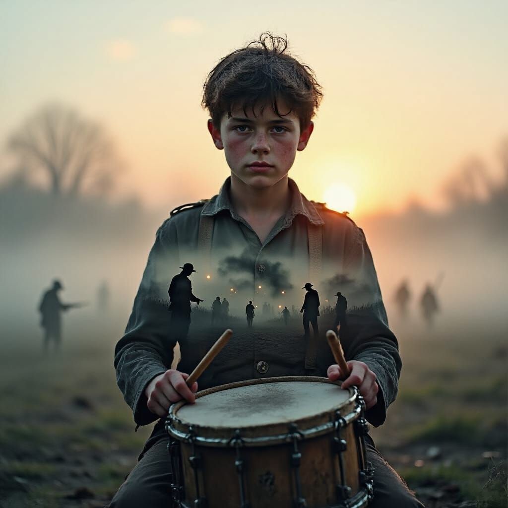 Drummer Boy Double Exposure: Painterly Dawn of Hope
