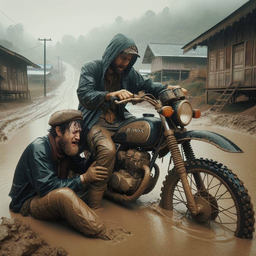 Motorcyclists Struggle with Fallen Bike in Rainy Myanmar Vil...