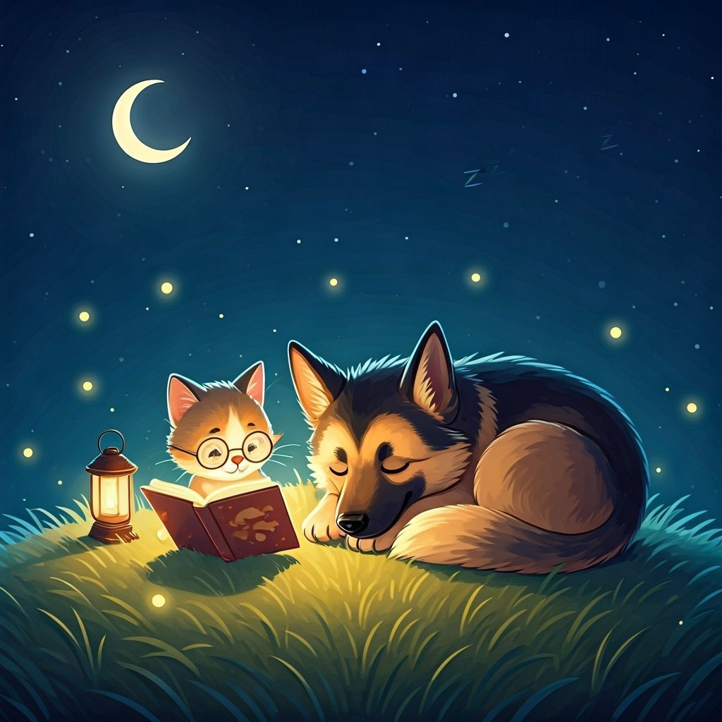 Kitten Reads Bedtime Story to Dog, 2D Cartoon Art