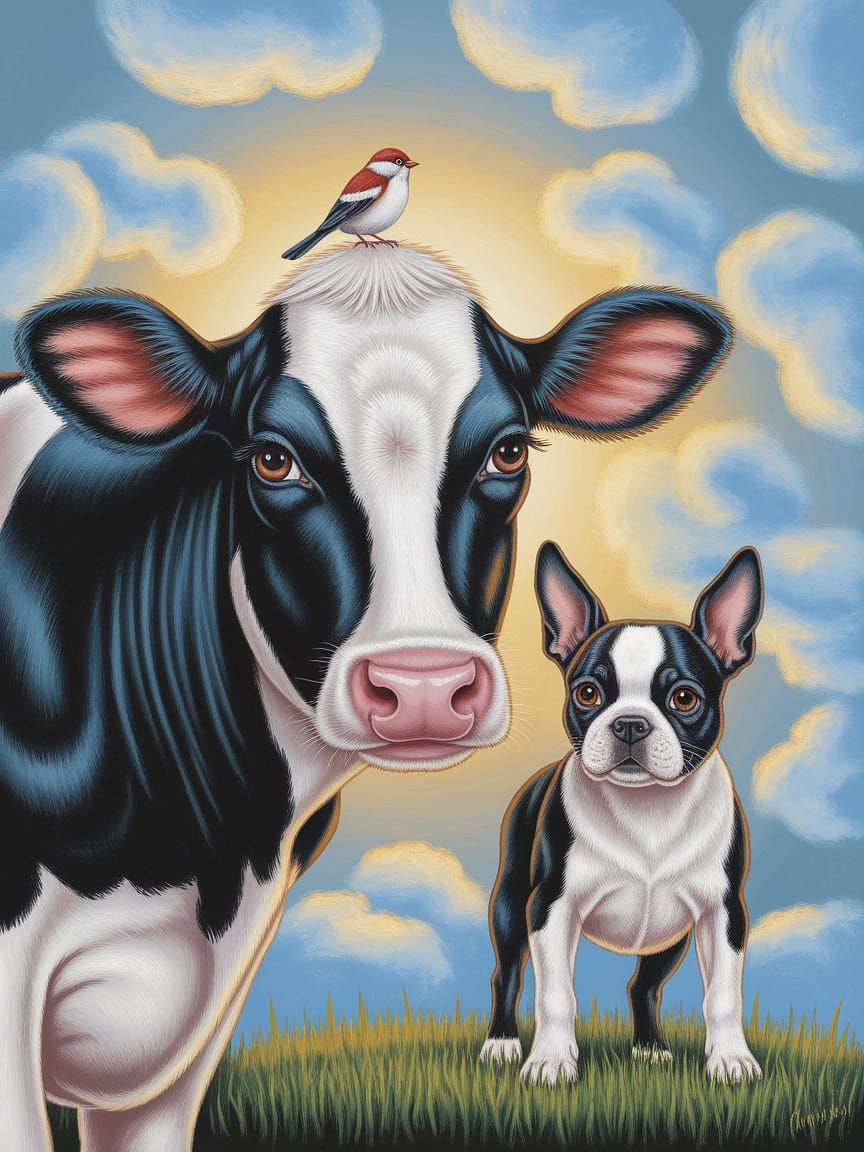 Pastoral Painting: Cow, Sparrow, and Puppy in Warm Light