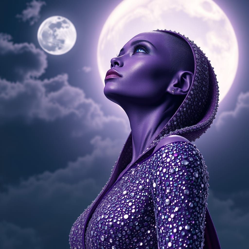 Ethereal Alien Goddess Gazing at the Full Moon