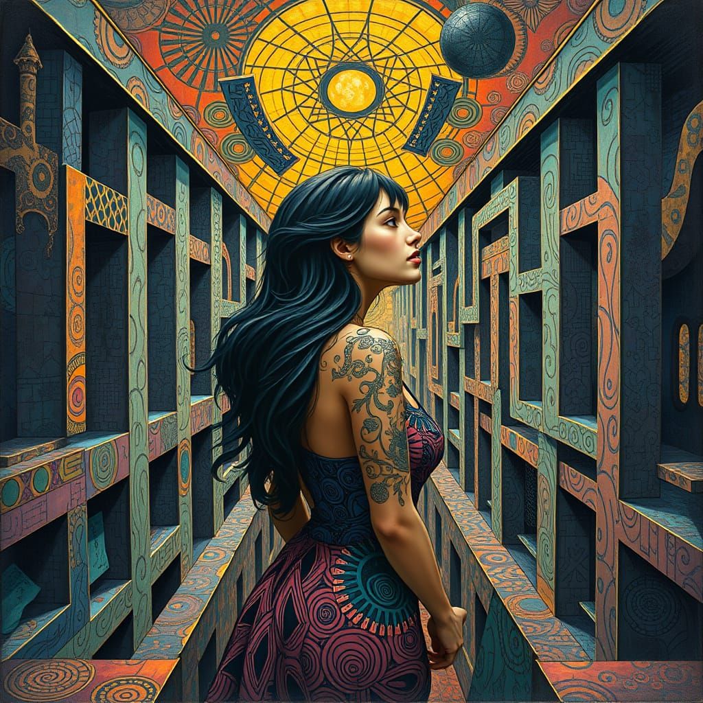 Ethereal Woman Navigates Dreamlike Maze in Vibrant Art Nouve...