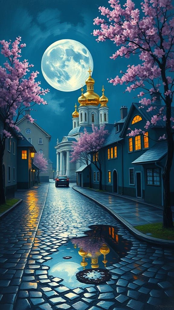 Impressionist Village Scene Under a Luminous Blue Moon