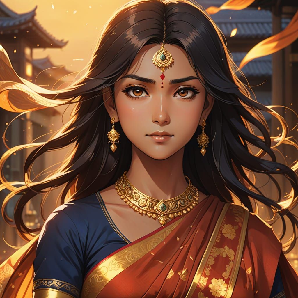 Anime Style Portrait of Indian Woman in Saree