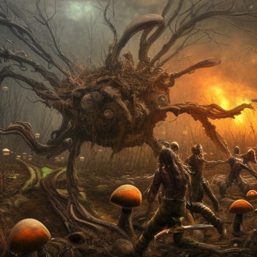 Mushroom Humanoids Battle Clearcutting Equipment