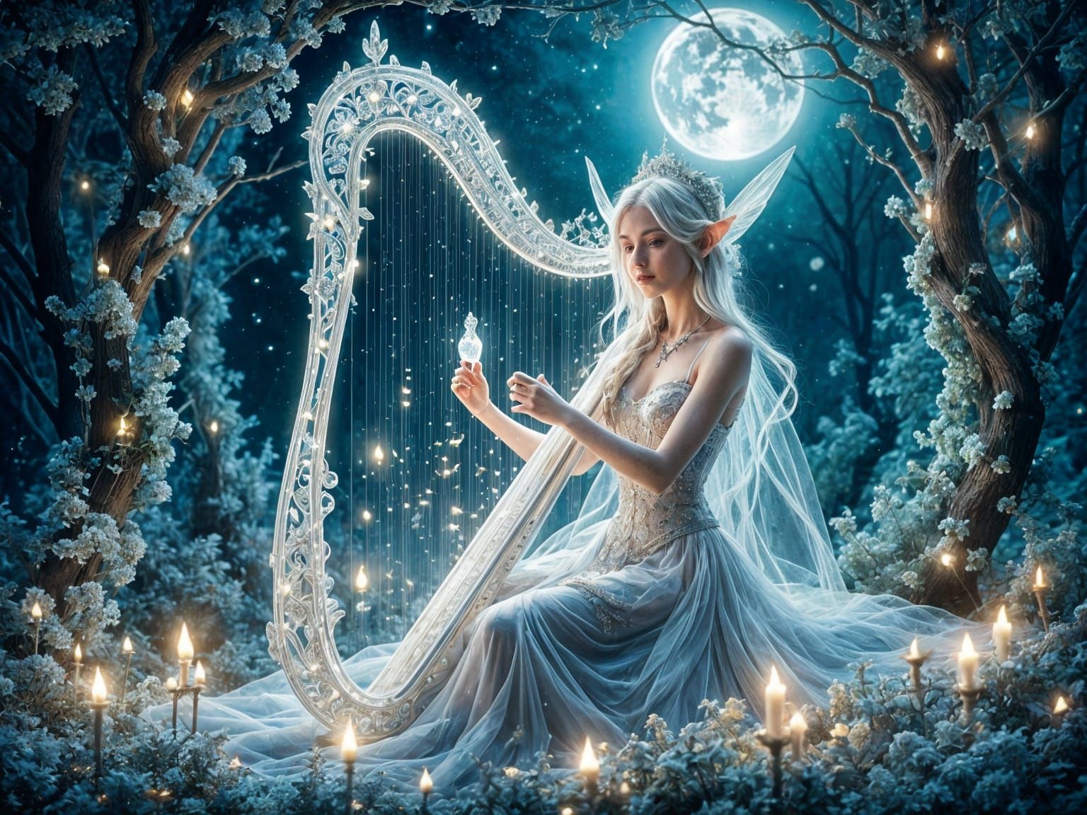 Elven Harpist Playing Luminous Crystal Harp in Moonlit Fores...