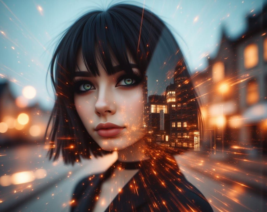 Elegant Woman Portrait Merged with Cityscape