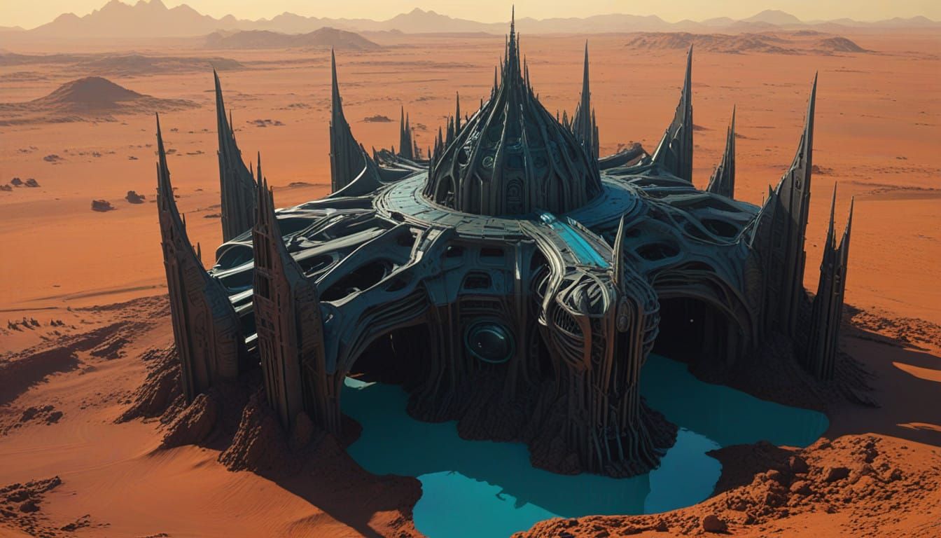 Dark Futuristic Cathedral in Alien Landscape