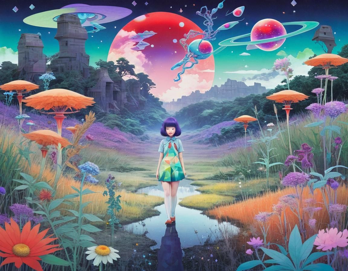 Cosmic Savannah World in Aztec-Inspired Holographic Art