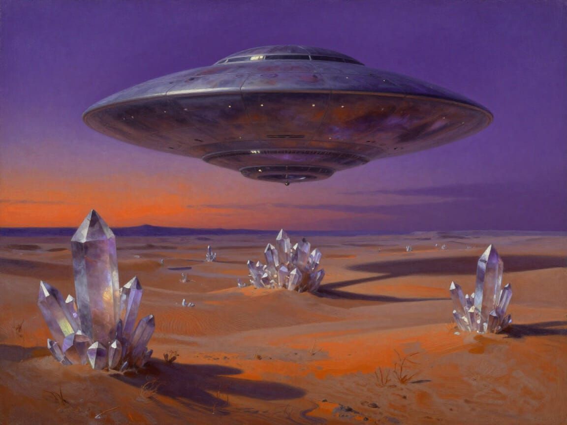 Colossal UFO Over Crystalline Desert at Twilight