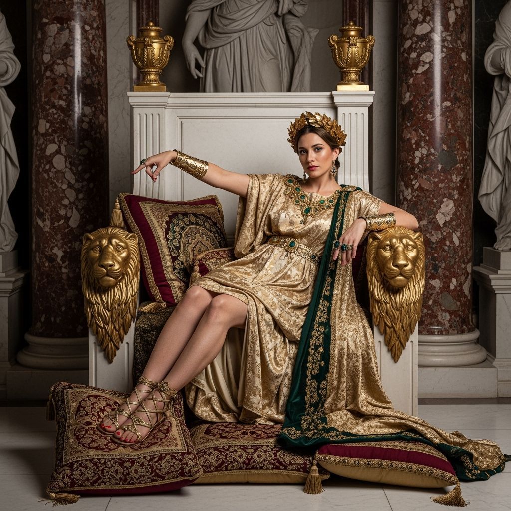 Opulent Roman Empress in Royal Palace Throne Room