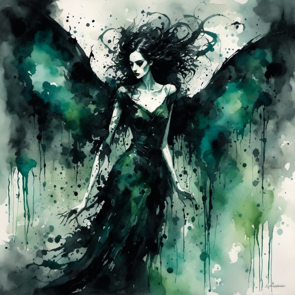 Gothic Demon Woman with Black Wings Watercolor