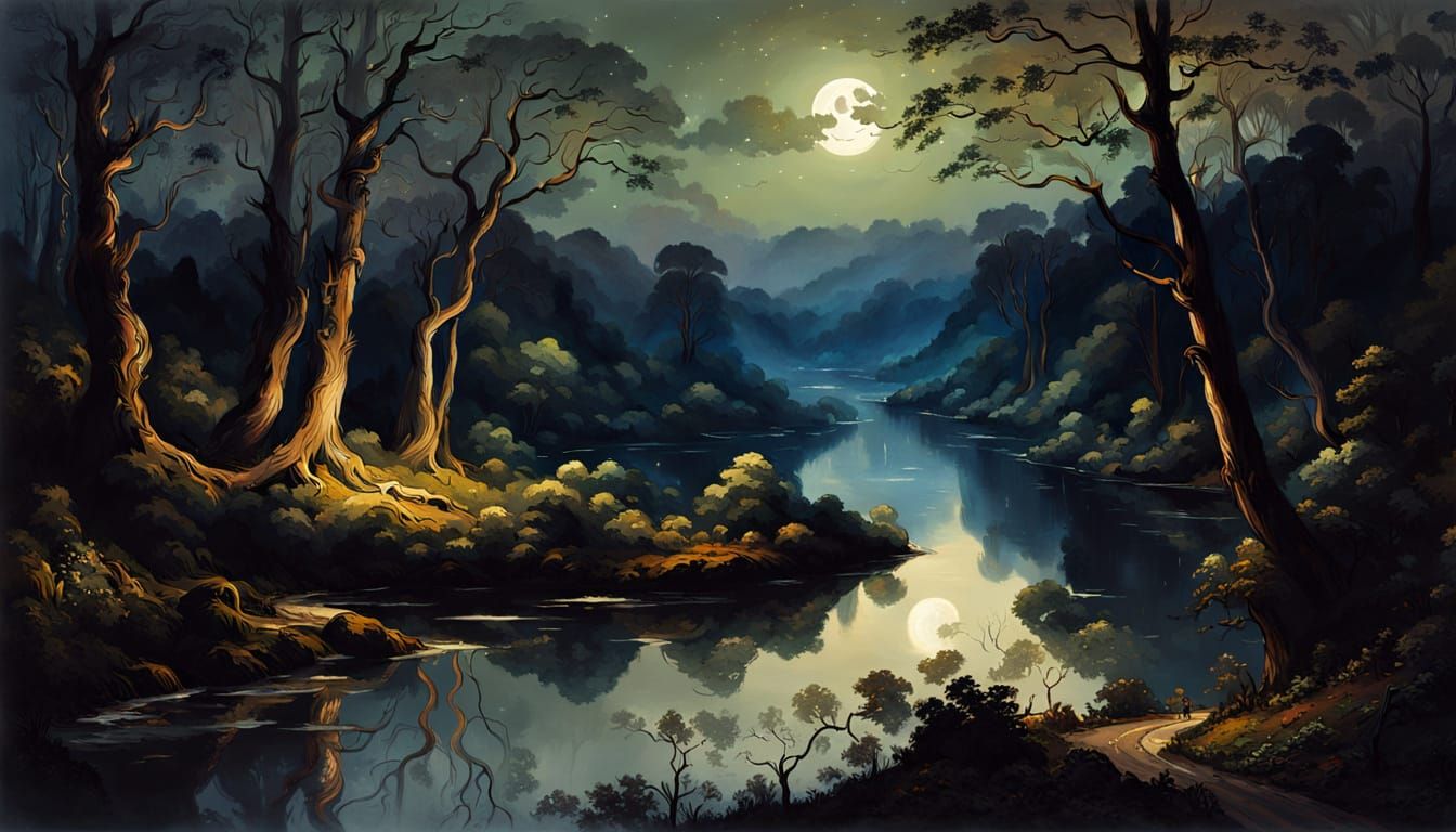 Night River Scene in Impressionist Style