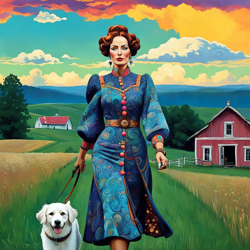 Woman Walking Dog at Sunrise: Art Deco Digital Painting