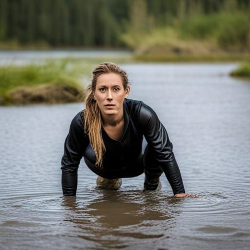 Woman Crawling in Muddy Lake in Tracksuit