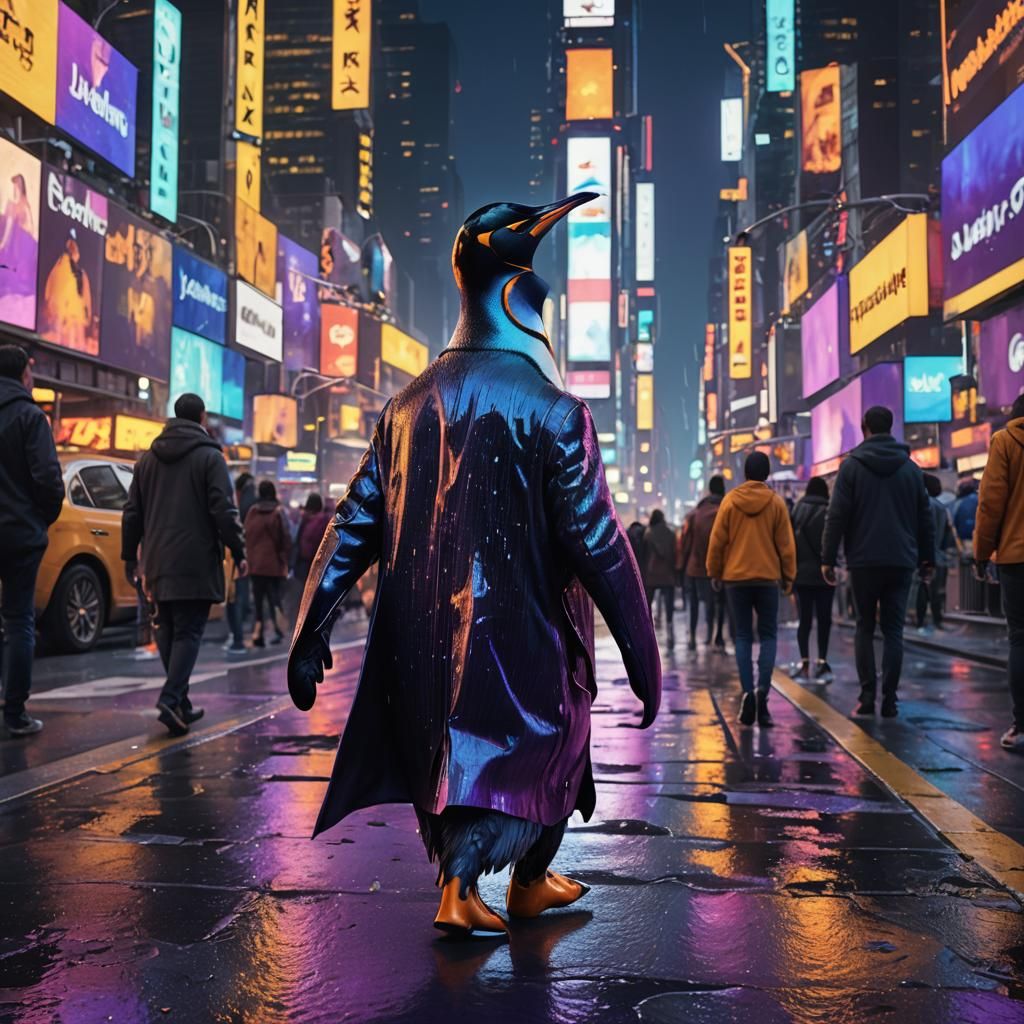 Penguin in Times Square: A Digital Art Deco Cityscape