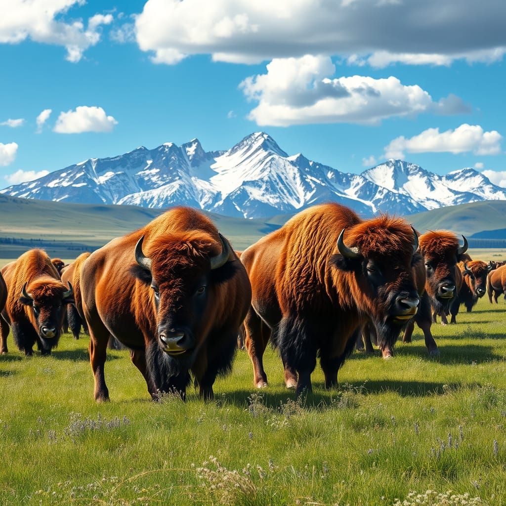 Bisons Roaming Midwest Prairie in Hyperrealism