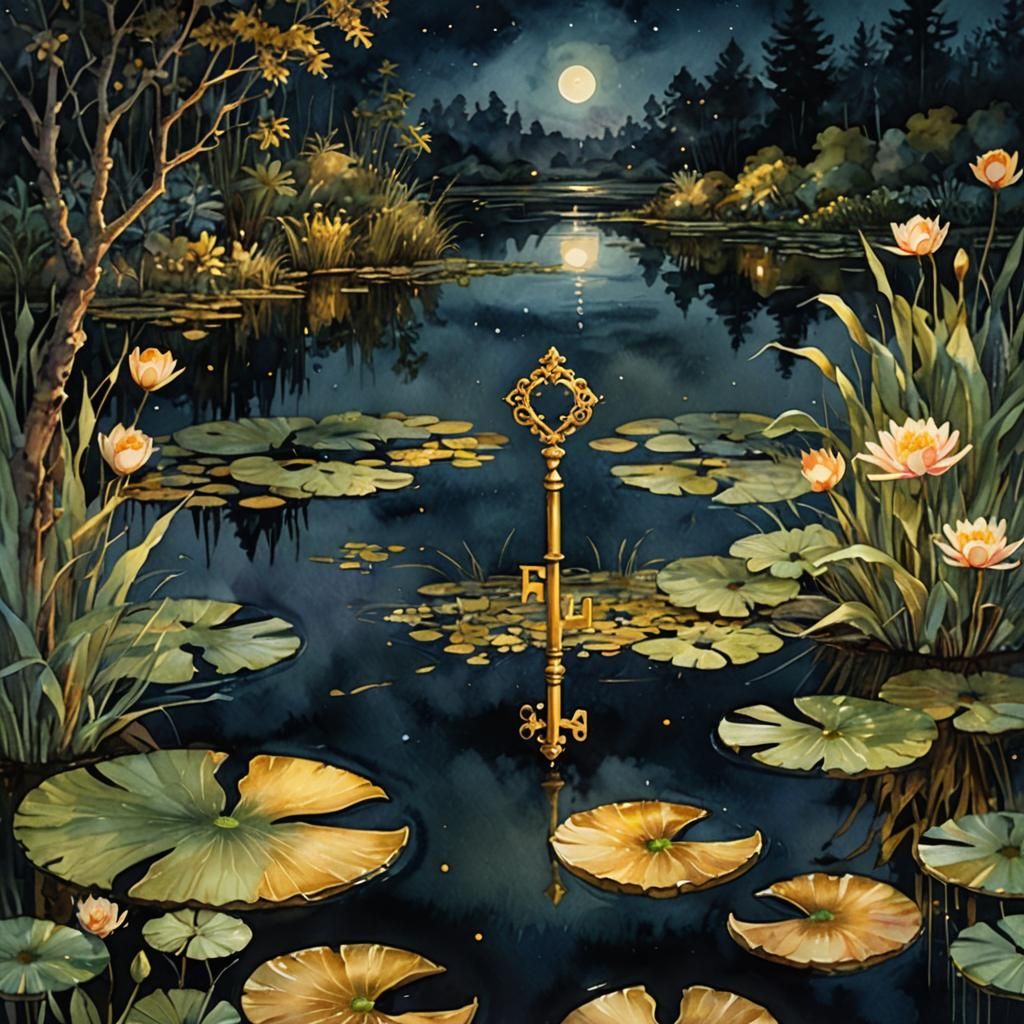 Golden Key Above Moonlit Pond: Watercolor Abstract Art