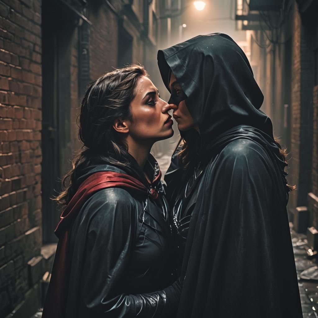 Superheroine Kisses Evil Woman in Dark Alleyway