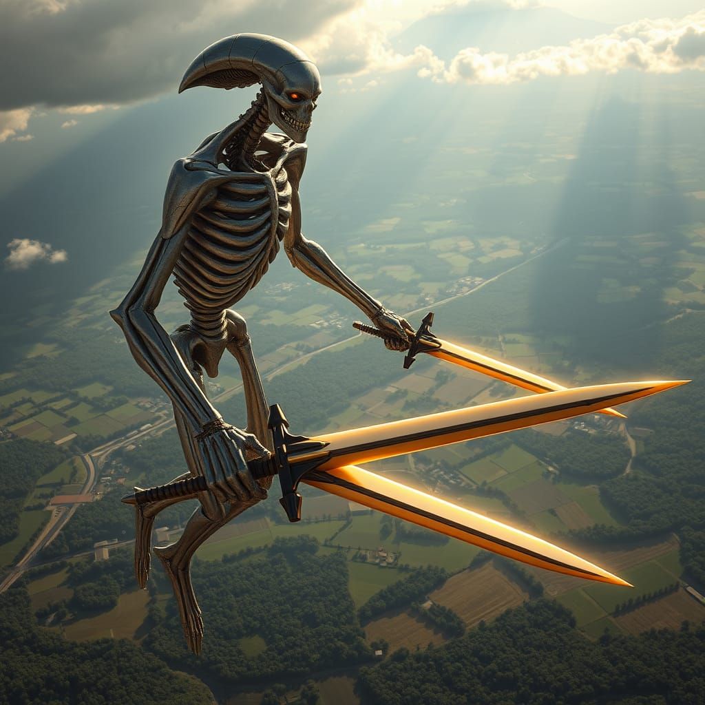 Ethereal Biomechanical Warrior Soars Above the Earth in a Cy...