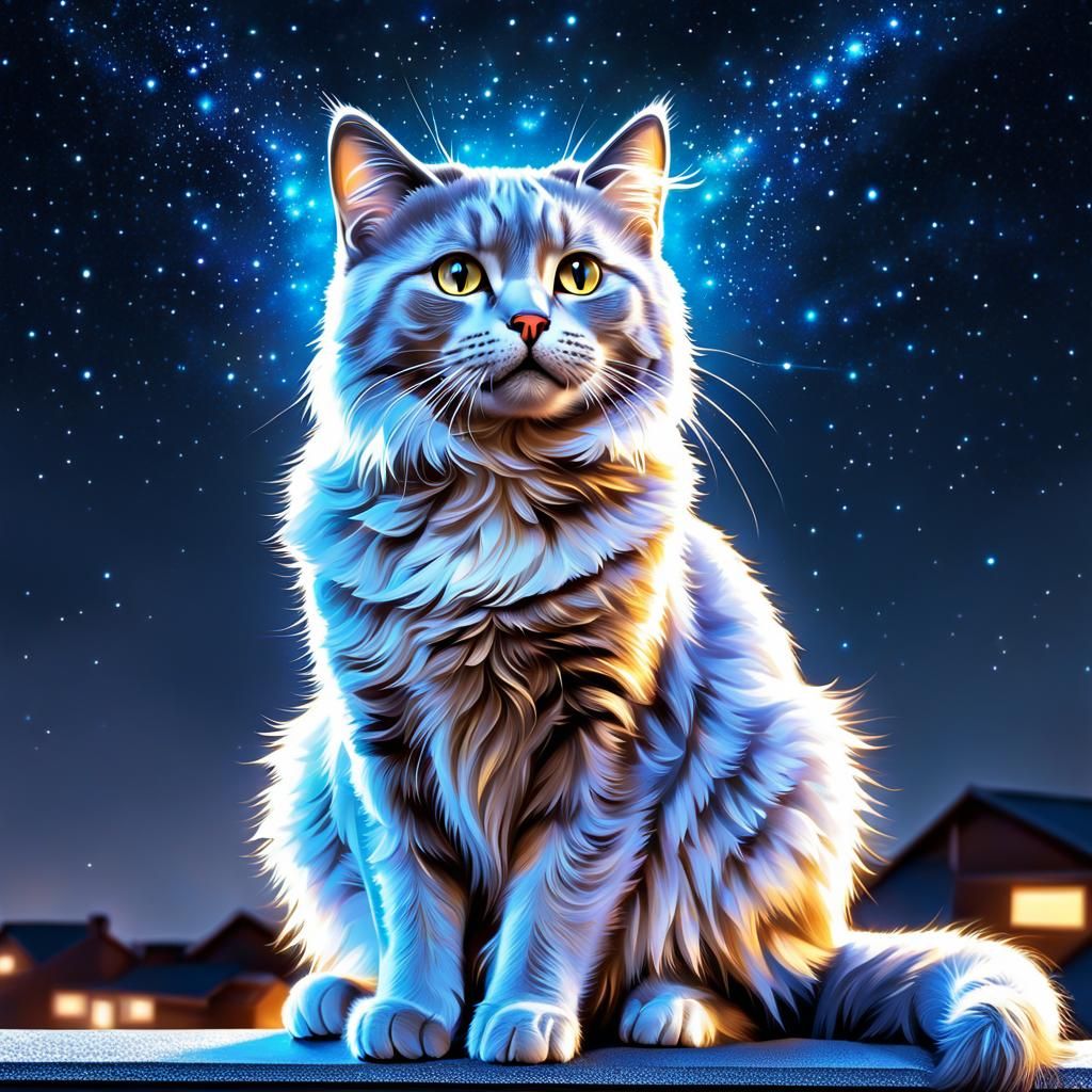 Ethereal Crystal Cat Gazing at Stars