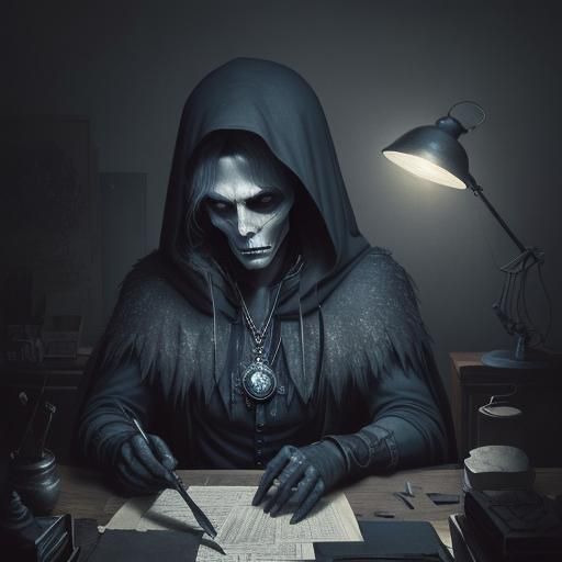 Grim Reaper Mouse at Cluttered Desk, in Surrealist Style