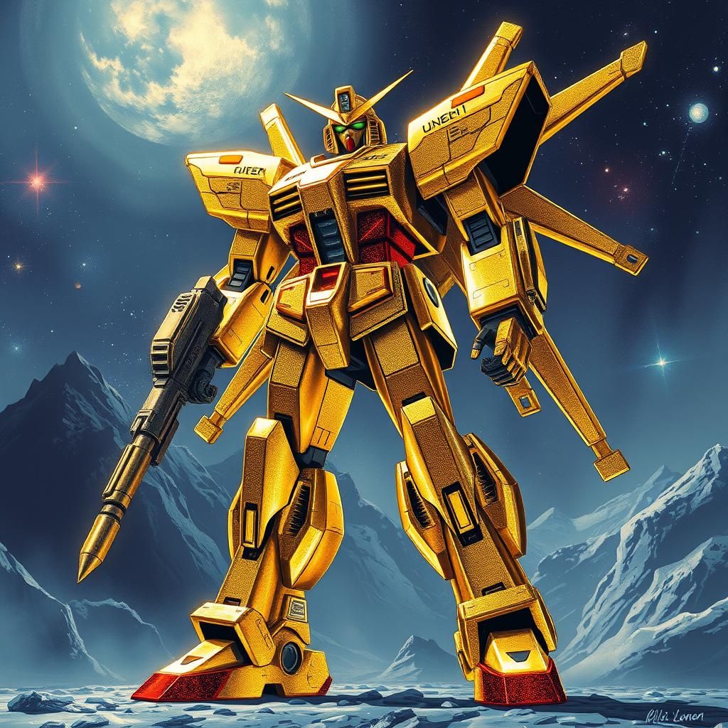 Gigantic Golden Gundam Robot, Detailed Sci-Fi Art