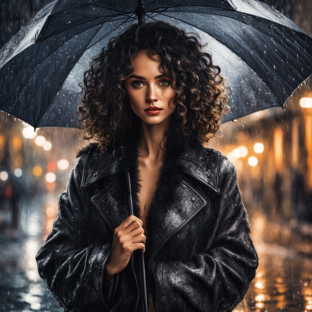 Surreal Oil Painting of a Friendly Woman in Rainy Evening
