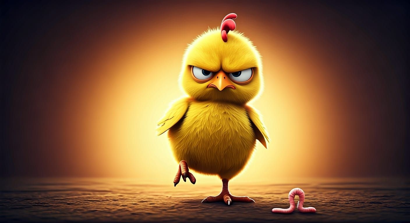 Annoyed Chick Chasing Worm: Pixar-Inspired 3D Art