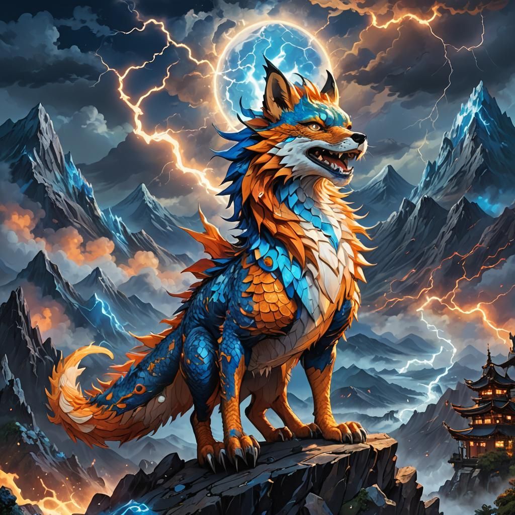 Dragon Fox in Stormy Mountains: Fantasy Concept Art