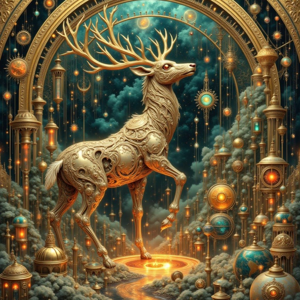 Mechanical Deer Guarding Portal in Steampunk Laboratory