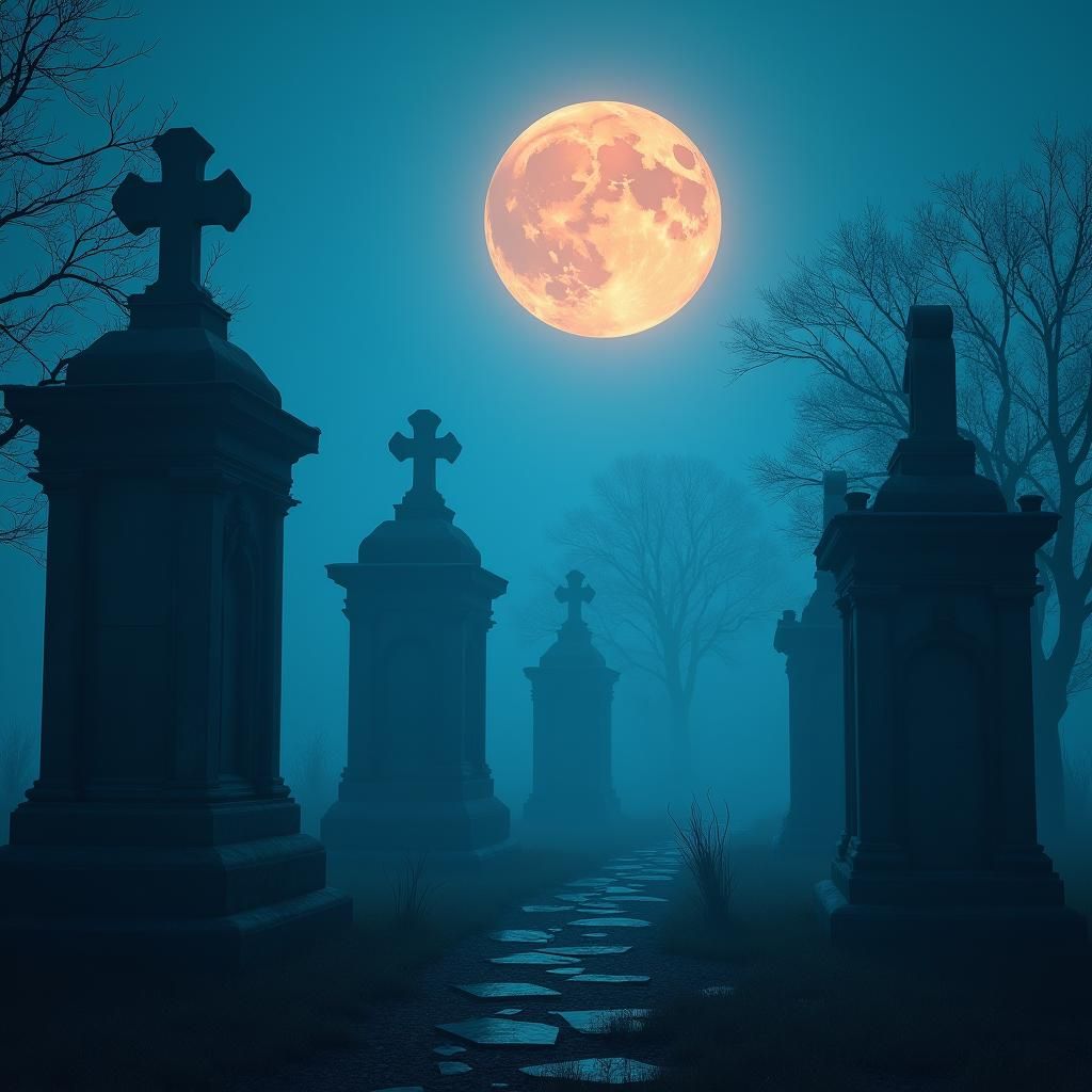 Eerie Cemetery Under Electric Blue Moon