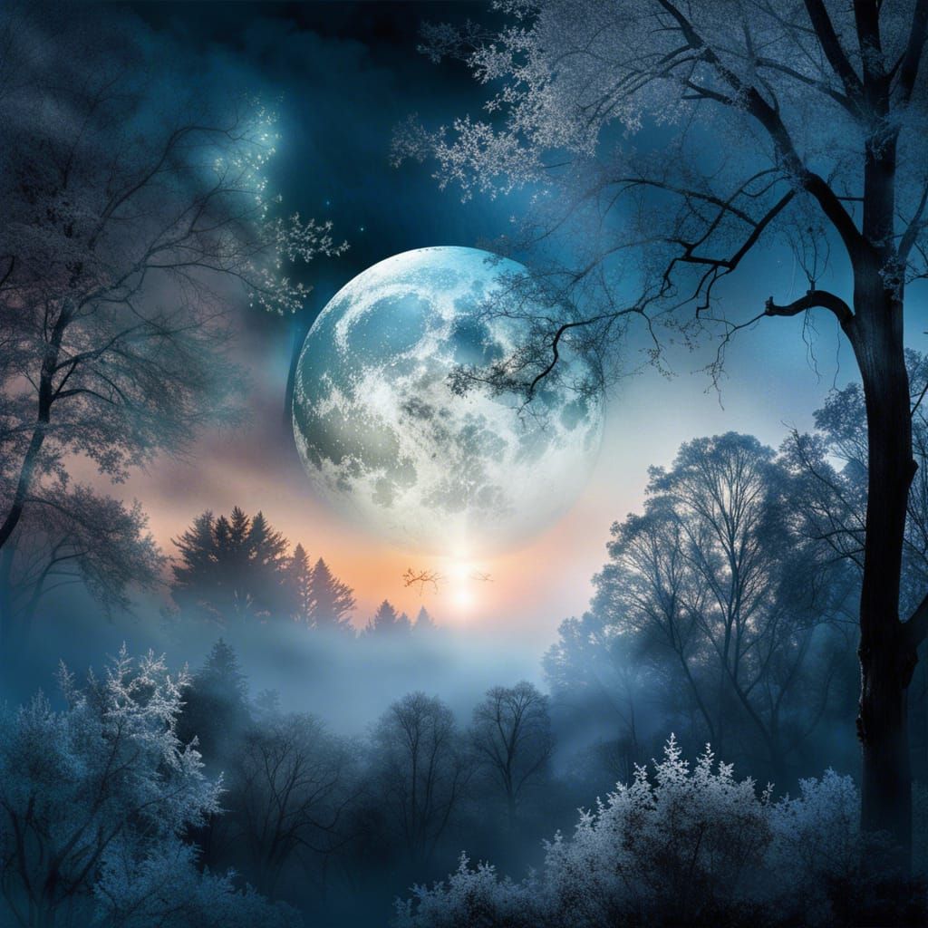Silver Moonlit Tree Silhouette in Atmospheric Collage