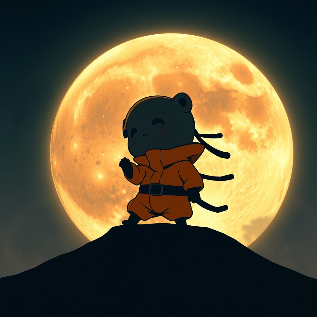 Imagine Naruto in his orange ninja jumpsuit as a chibi ninja hamster in silohette, a large full moon behind him, photore...