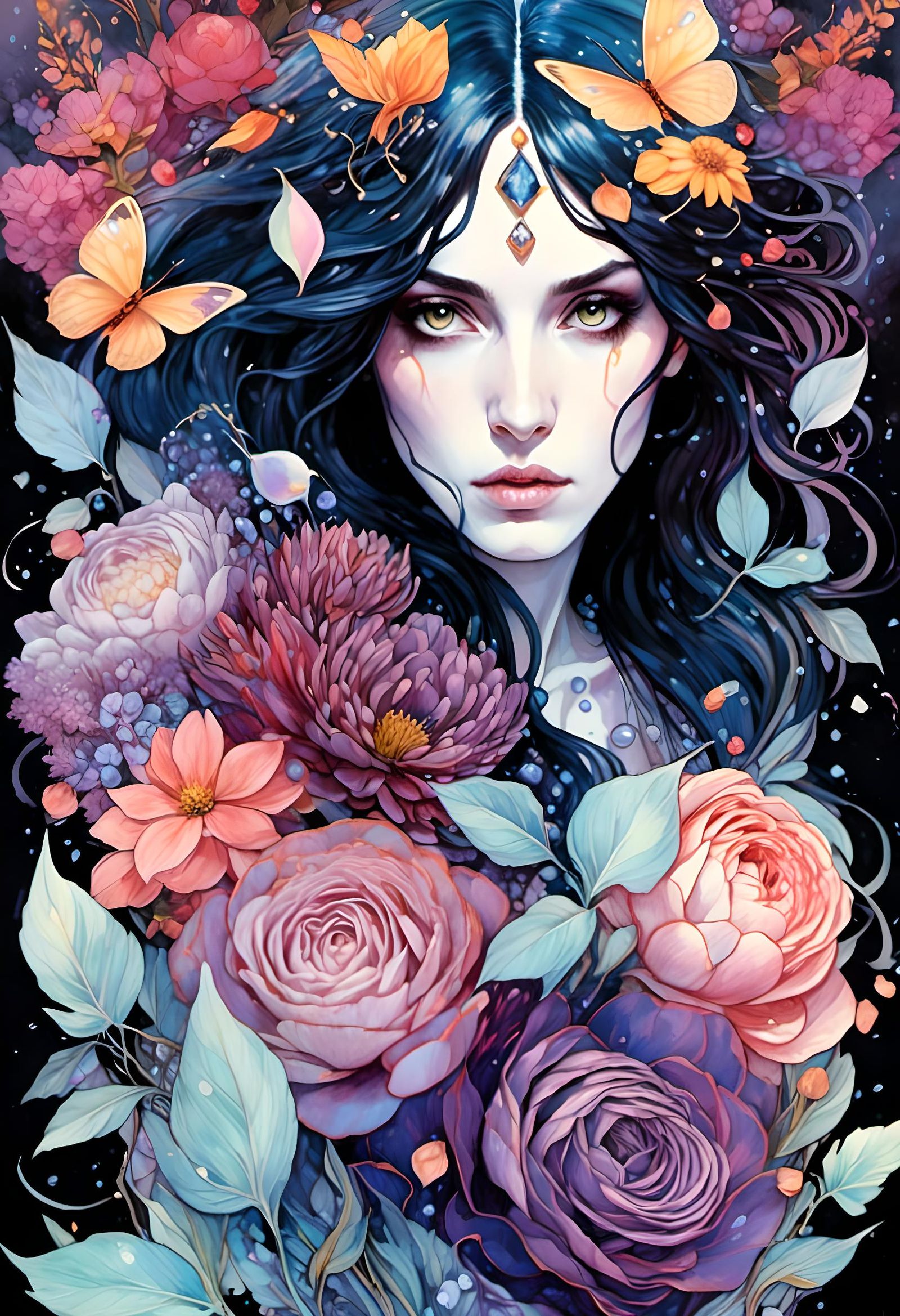 Ghost Goth Queen Portrait with Dripping Flowers