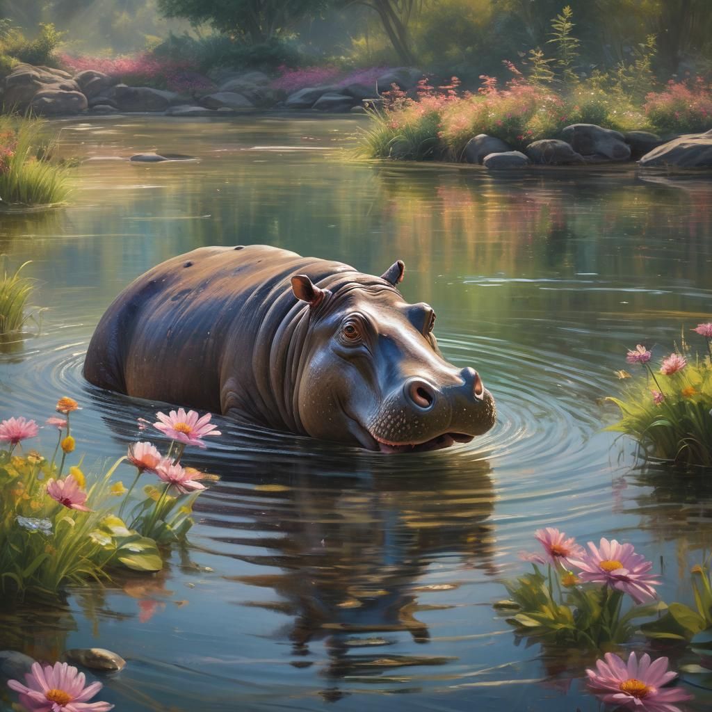 Happy Hippo in Impressionist Oil Painting Style